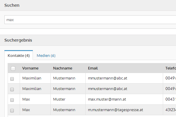 Anzeige der Anzahl der über die Suche gefundenen Kontakte und Medien