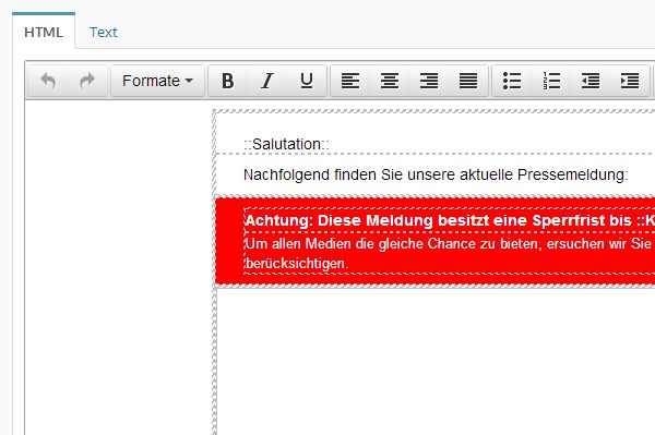 Aussendungen im Text-Format entsprechen nicht den Inhalten aus den HTML-Vorlagen. 